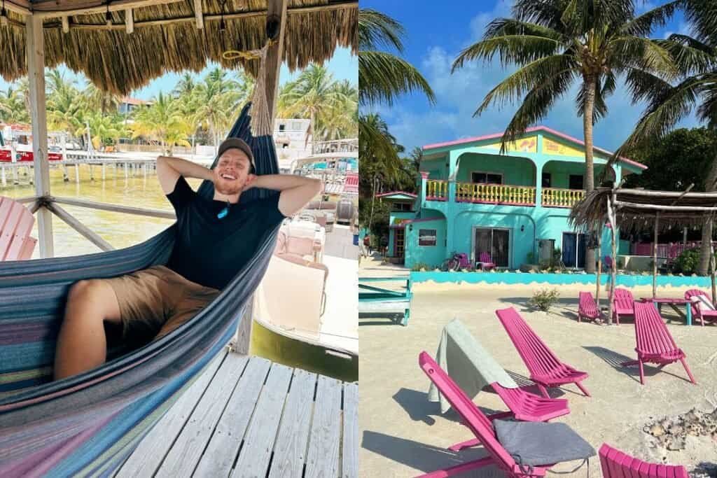 A relaxed traveler resting in a hammock under a thatched roof on Caye Caulker, Belize, surrounded by tropical palms and vibra.