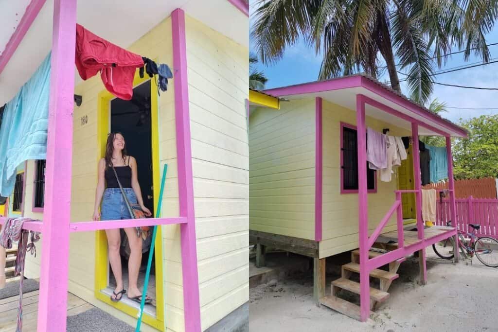 A colorful, eco-friendly beach hut in Caye Caulker, Belize, emphasizing sustainable travel and connection with nature for min.