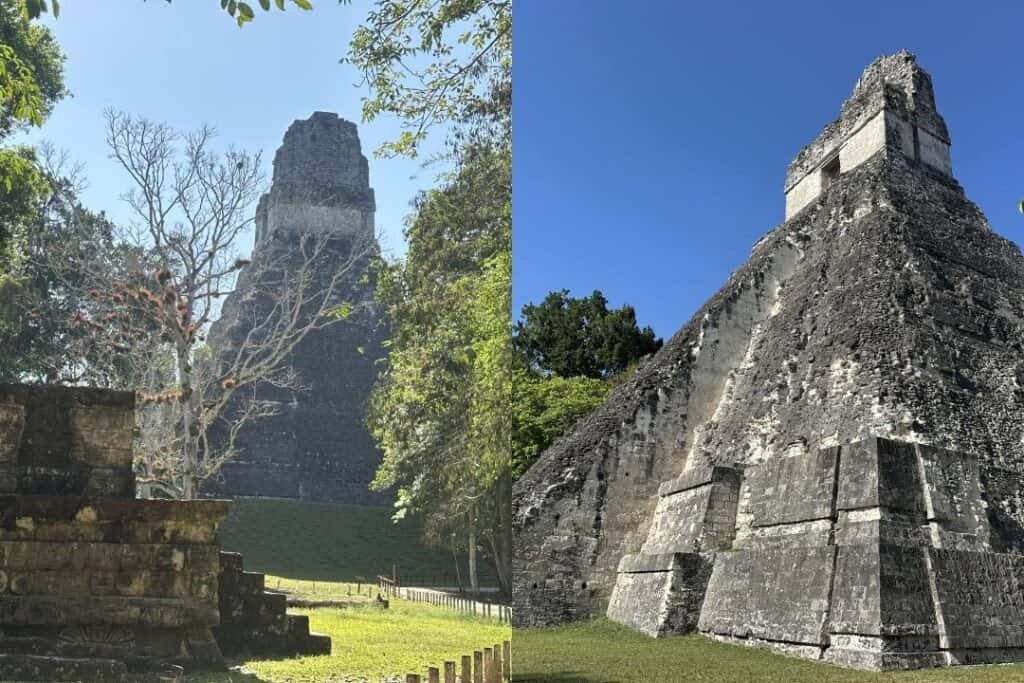 Ancient Mayan pyramid ruins at Tikal, surrounded by lush greenery and clear blue sky, showcasing historical architecture and.