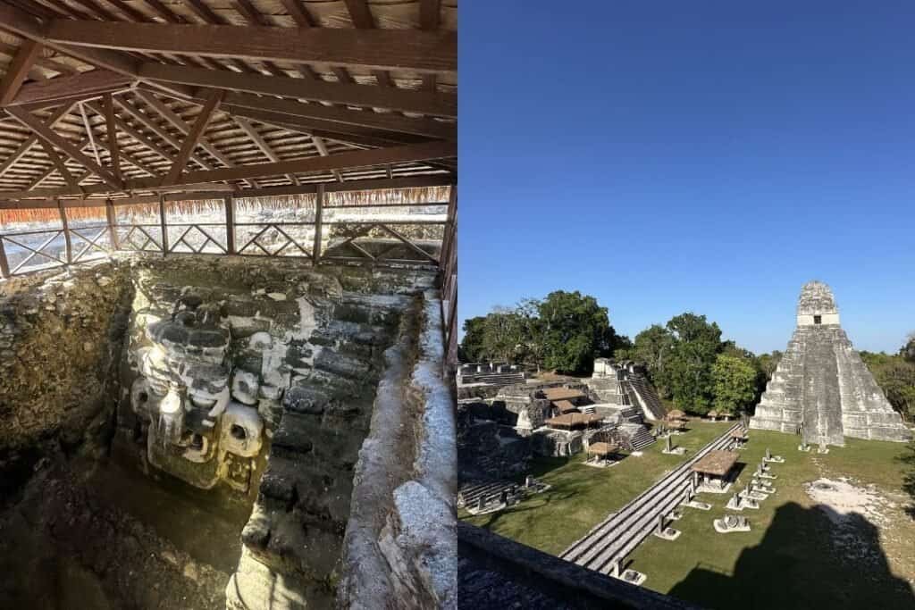 Ancient Mayan ruins at Tikal, Guatemala, with stone pyramids and lush greenery under a clear blue sky.