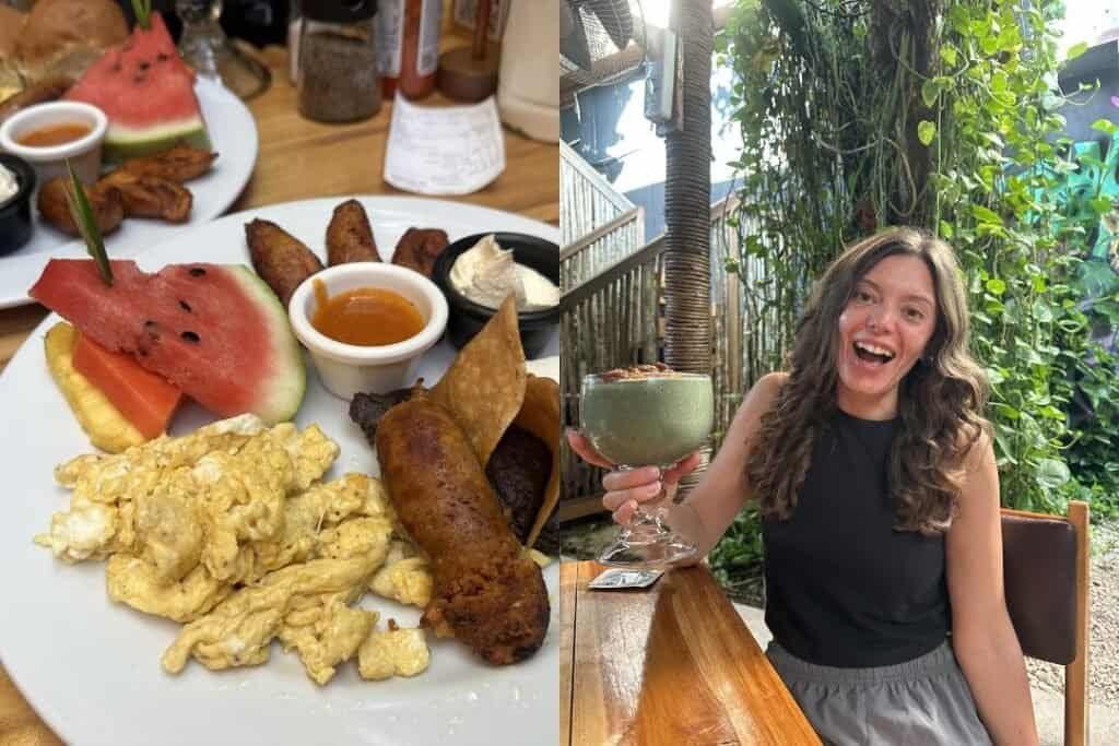 Delicious breakfast with watermelon, scrambled eggs, fried plantains, and dipping sauces at a cozy cafe.