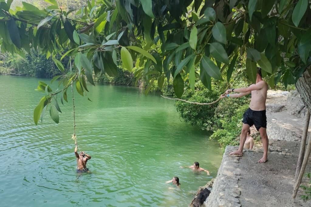 A lush riverside scene with a man swinging a dog on a rope swing over green water, while three people swim and relax nearby i.