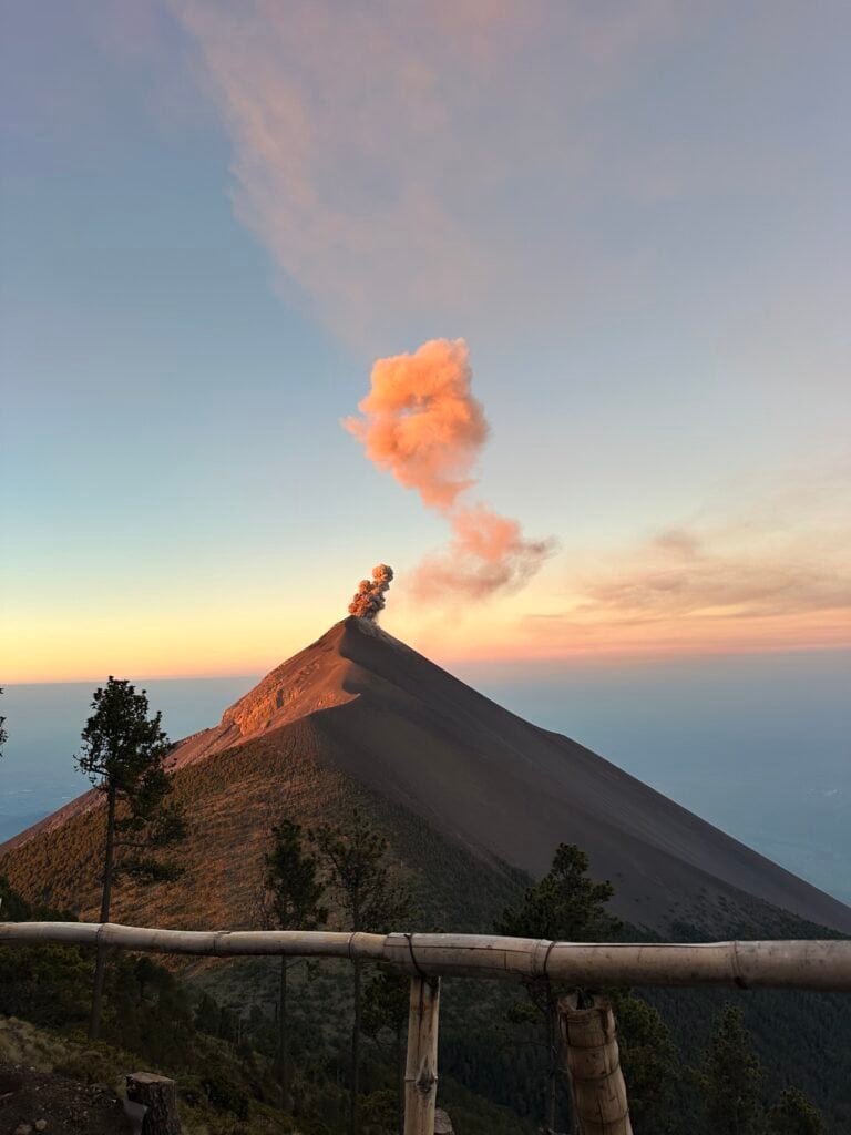 Volcán de Fuego erupting at sunset, Guatemala