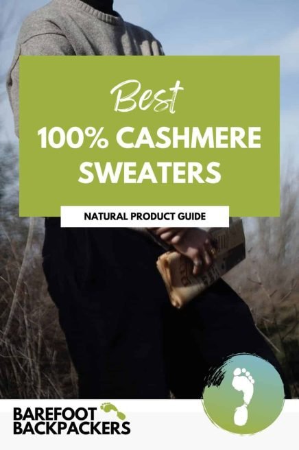 Soft gray 100% Cashmere Sweaters in outdoor setting promoting sustainable fashion.