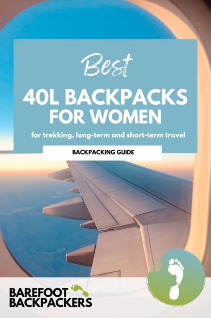 E flyer featuring a view from an airplane window with a blue sky, airport wing, and sunset, promoting a backpacking guide for women.