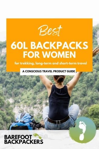 60L backpack for women, ideal for trekking, long-term, and short-term travel by Barefoot Backpackers. Perfect for conscious travelers seeking durable, eco-friendly hiking and travel gear.