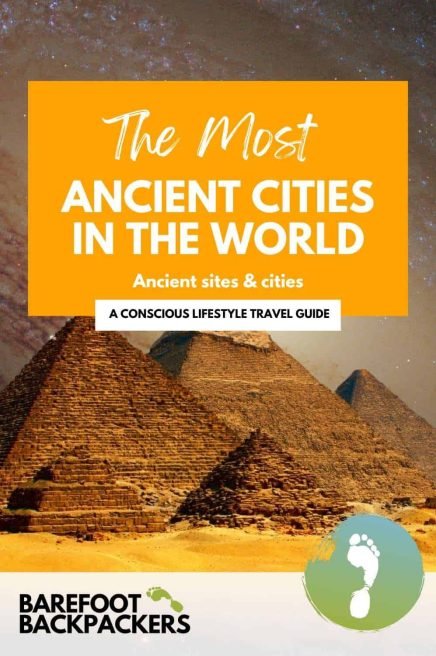 Ancient pyramids in Egypt under a starry night sky, showcasing one of the world's most famous ancient cities and archaeological sites.