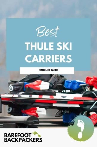 Light blue background with a Thule ski carrier loaded with skis and gear for outdoor winter adventure.