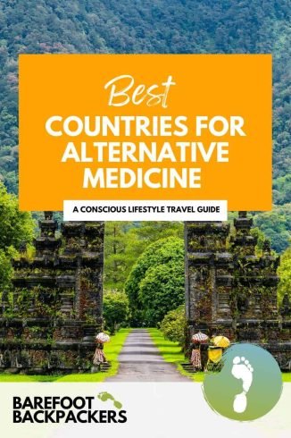 Exotic travel destination with ancient temple ruins surrounded by lush greenery for eco-conscious travelers exploring alternative medicine options.