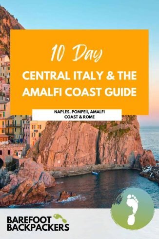 Vibrant travel guide poster for 10 days exploring Central Italy, Amalfi Coast, Naples, Pompeii, Amalfi, and Rome, featuring colorful coastal scenery and charming cityscapes.