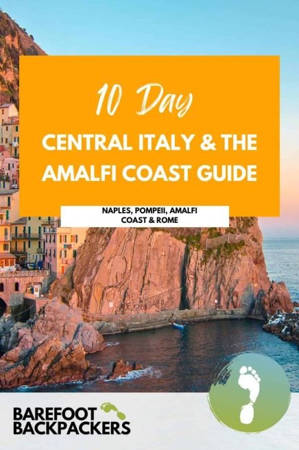 Vibrant travel guide poster for 10 days exploring Central Italy, Amalfi Coast, Naples, Pompeii, Amalfi, and Rome, featuring colorful coastal scenery and charming cityscapes.