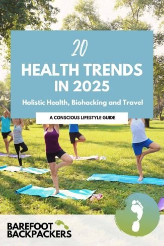 Relaxed group practicing yoga outdoors in a park, promoting holistic health, mindfulness, and wellness; part of barefoot backpackers' health and wellness travel guide.