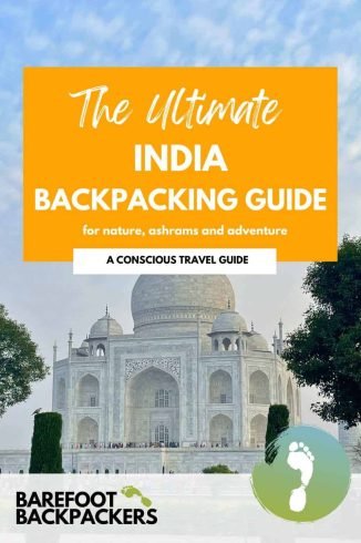 Vibrant orange backpacking guide cover with the Taj Mahal, emphasizing India's best spots for eco-friendly travel, adventure, and cultural exploration, designed for barefoot backpackers and nature lovers.