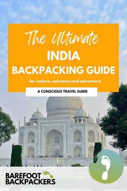 Vibrant orange backpacking guide cover with the Taj Mahal, emphasizing India's best spots for eco-friendly travel, adventure, and cultural exploration, designed for barefoot backpackers and nature lovers.