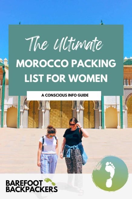Comfy travel backpackers women exploring Morocco cultural site barefoot backpackers travel gear destination guide.