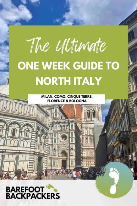 Scenic view of Florence, Italy, with historic architecture and bustling tourists, promoting a one-week travel guide to North Italy for backpackers and travelers.