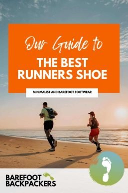 Bright orange banner with runners on sandy beach at sunset, promoting minimalist barefoot footwear for mindful outdoor adventures.