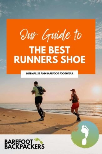 Bright orange banner with runners on sandy beach at sunset, promoting minimalist barefoot footwear for mindful outdoor adventures.