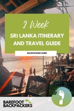 Relaxing beach sunset in Sri Lanka with silhouettes of travelers enjoying the scenic view at a beachside cafe.