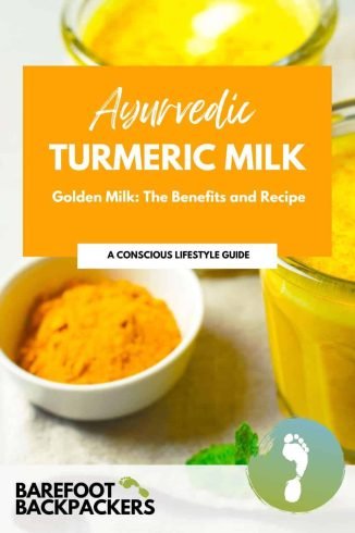 Golden turmeric milk with fresh turmeric and ginger in a glass and bowl, promoting health benefits and a conscious lifestyle from Barefoot Backpackers.