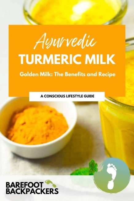 Golden turmeric milk with fresh turmeric and ginger in a glass and bowl, promoting health benefits and a conscious lifestyle from Barefoot Backpackers.