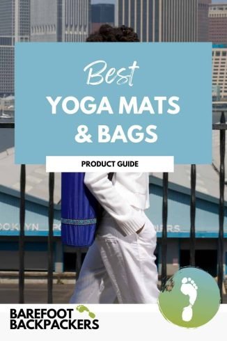 person with a yoga mat and bag, urban skyline background, promoting sustainable travel accessories.