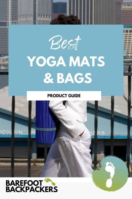 person with a yoga mat and bag, urban skyline background, promoting sustainable travel accessories.