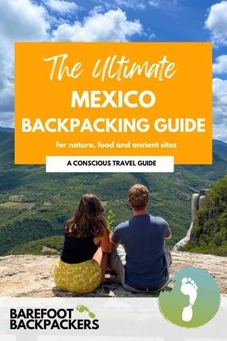 Mexico guide Scenic view of a couple sitting on a cliff overlooking lush green mountains in Mexico, promoting eco-friendly travel and backpacking adventures.