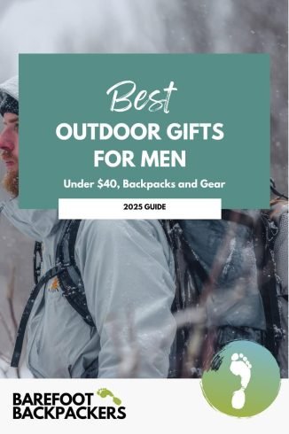 outdoors gifts for menin comfortable hiker in waterproof gear enjoying outdoor adventure in snowy forest, highlighting sustainable outdoor gear for mindful explorers.