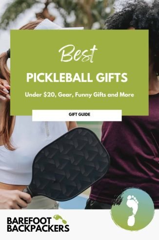 Bright green overlay on a photo of two people playing pickleball outdoors, promoting fun and sustainable gift ideas under $20.