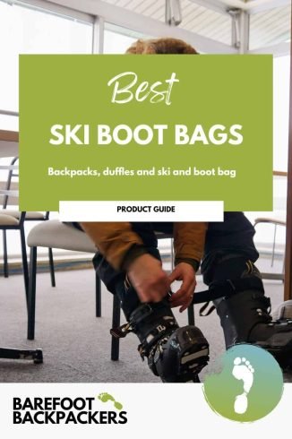 Comfortable black ski boots on a traveler tying laces indoors, surrounded by chairs and bright windows.